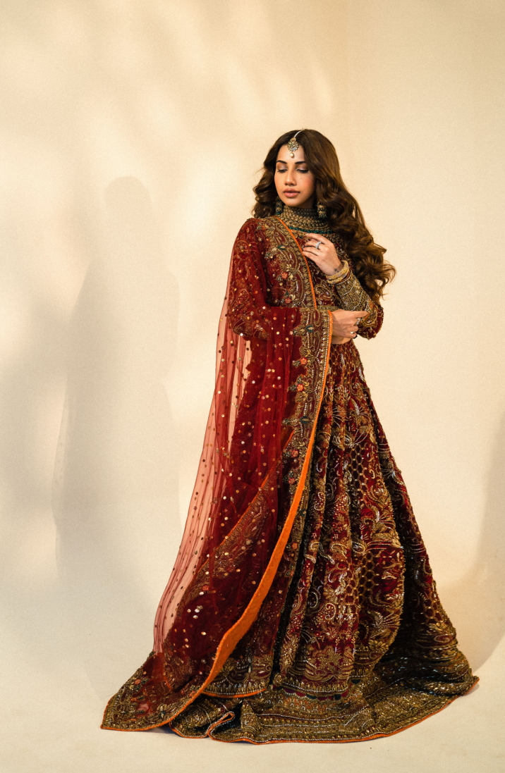 Bridal Embroidered Maroon Lehnga Choli with a Net Dupatta